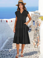Robe Midi Femme Francesca – Col V, Manches Volantées, Bohème Ligne A Estivale