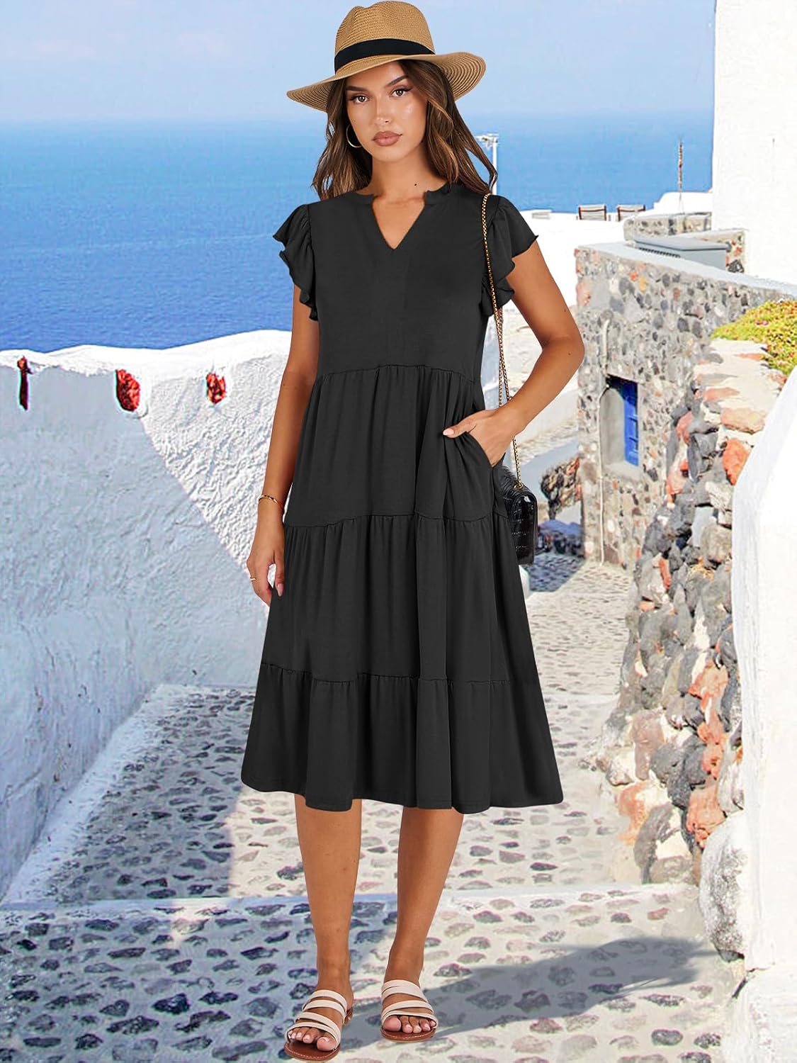 Robe Midi Femme Francesca – Col V, Manches Volantées, Bohème Ligne A Estivale