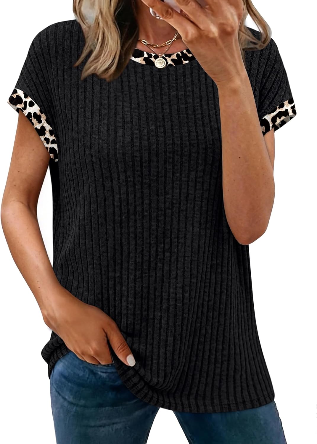 Blusa de mujer Giulia – color block, mangas cortas, túnica casual elegante de corte holgado