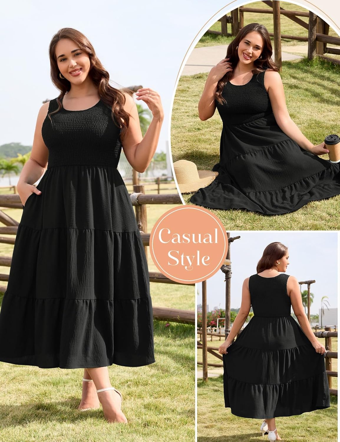 Harra Robe Femme Maxi Grande Taille – Col Carré, Smock, Ligne A Estivale