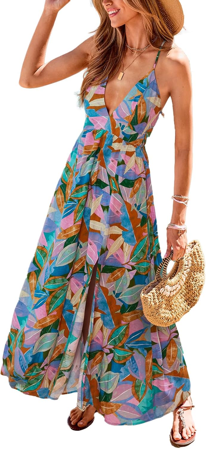 Robe Livia Femme – Robe Maxi Bohème, Col V Profond, Fente d'Été