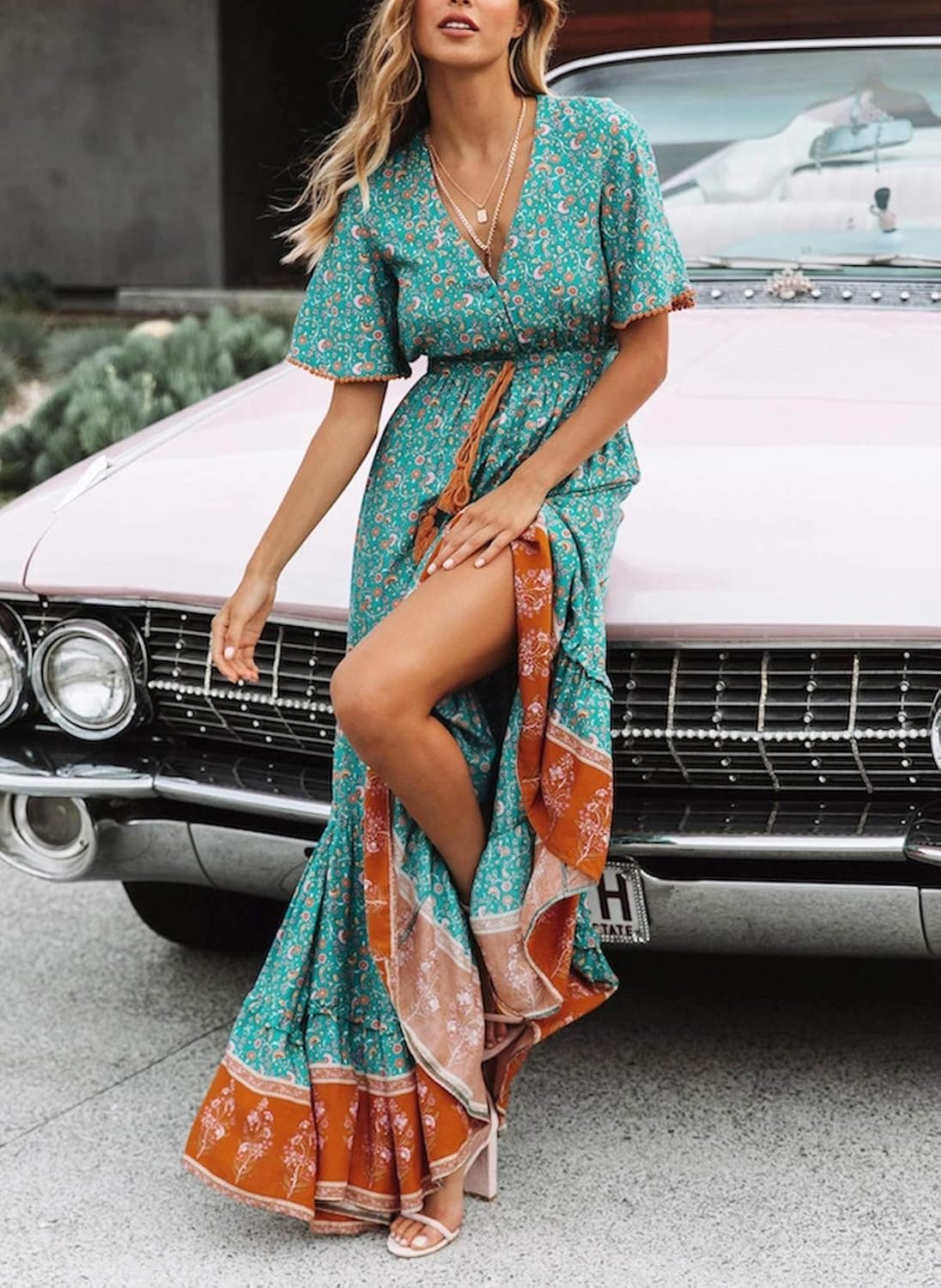 Elisa Abito Donna Maxi Boho – Scollo V Bottoni, Vestito Floreale Estivo Elegante