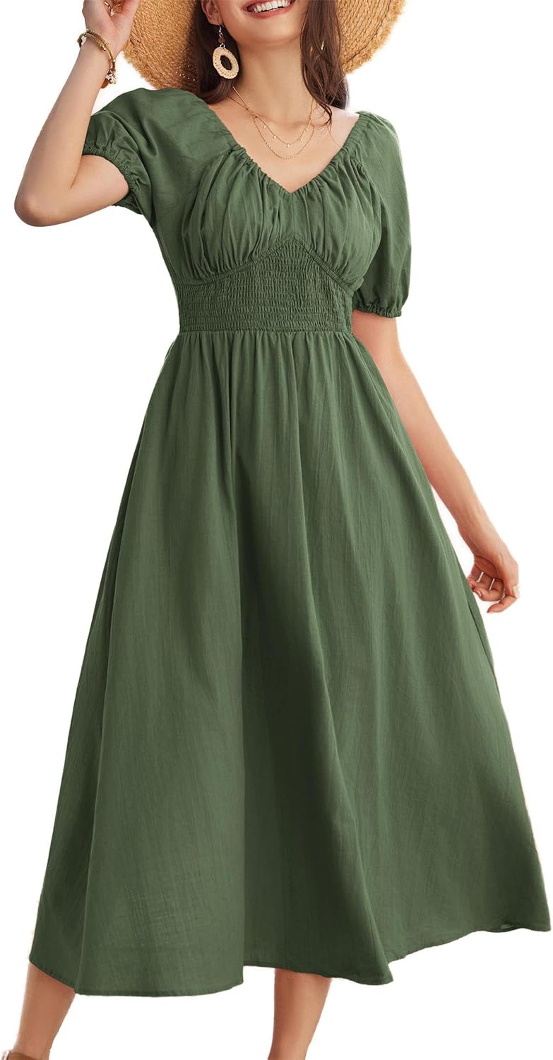 Chiara Abito Donna Maxi Cotone – Scollo V, Maniche Puff, A-Line Elegante