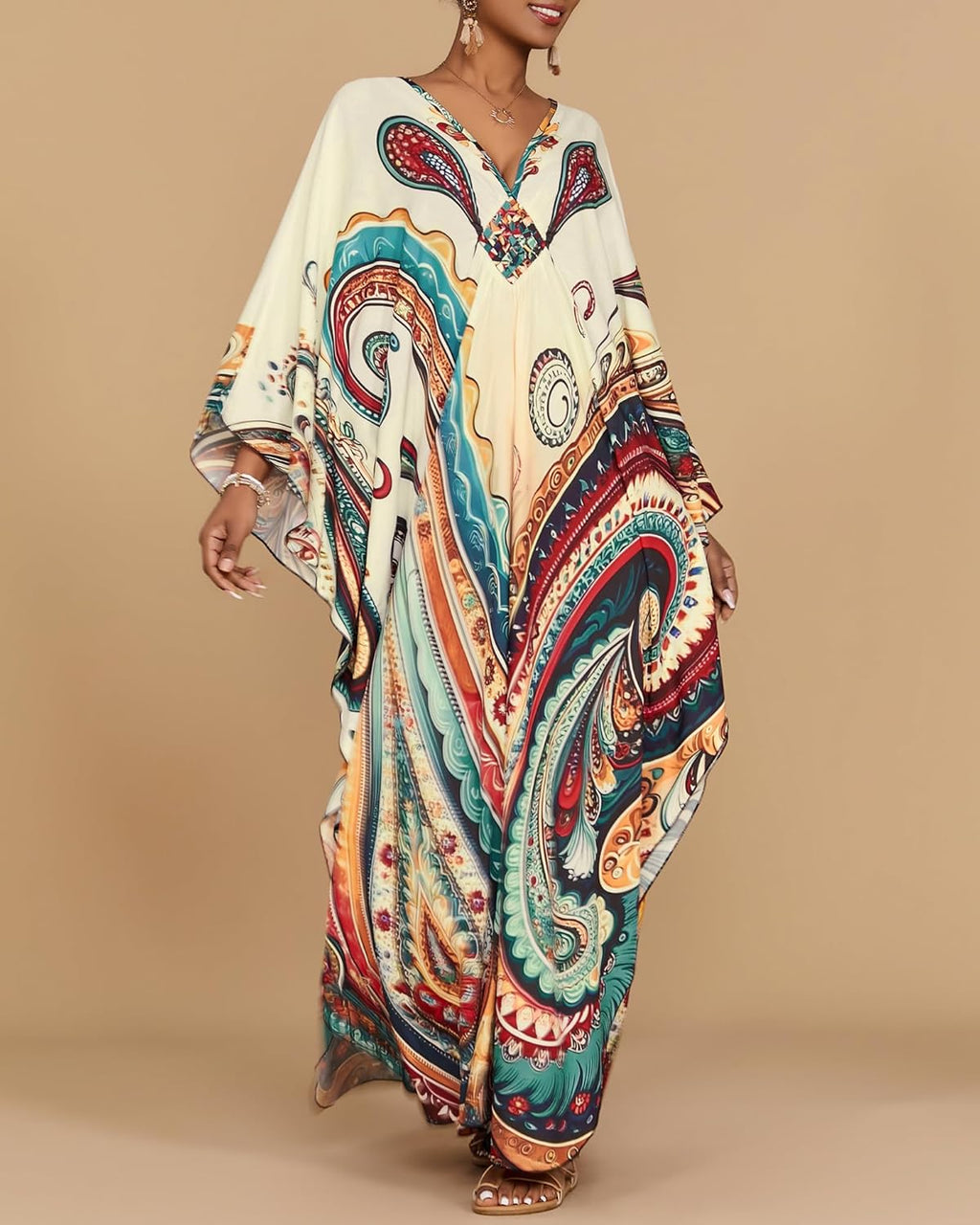 Amina Kaftano Donna Maxi – Stampa Etnica, Maniche Pipistrello, Tasche Mare