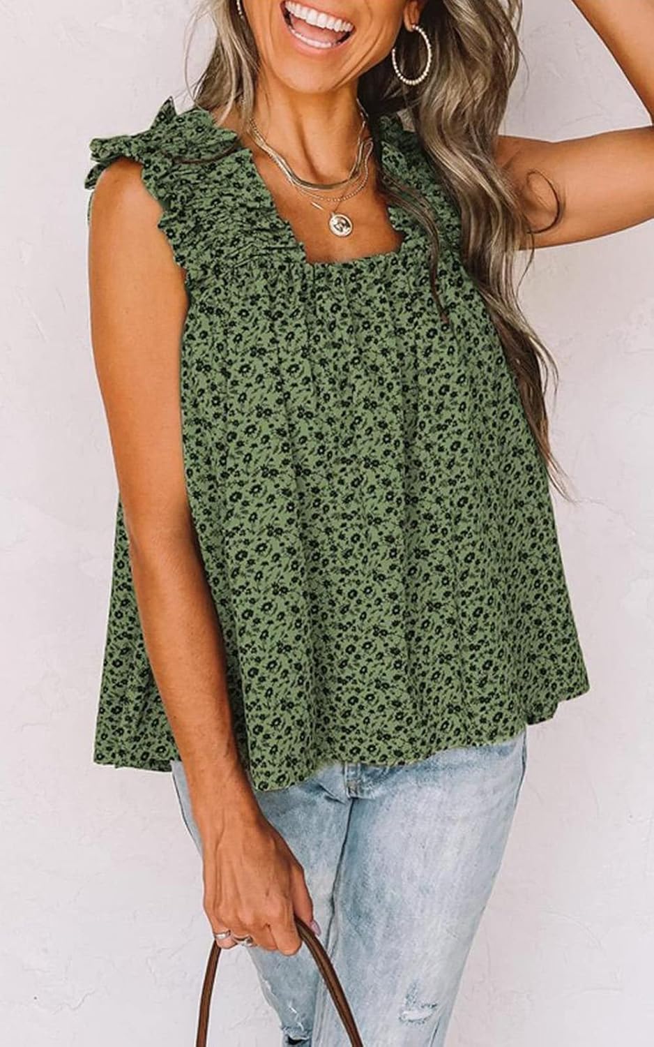 Bianca Women's Tank Top – Boho Floral Top, Ruched Straps, Sleeveless