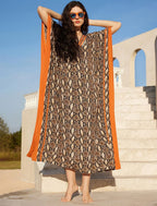 Amina Caftan Femme – Robe Longue Bohème, Imprimé Ethnique, Décolleté V Plongeant