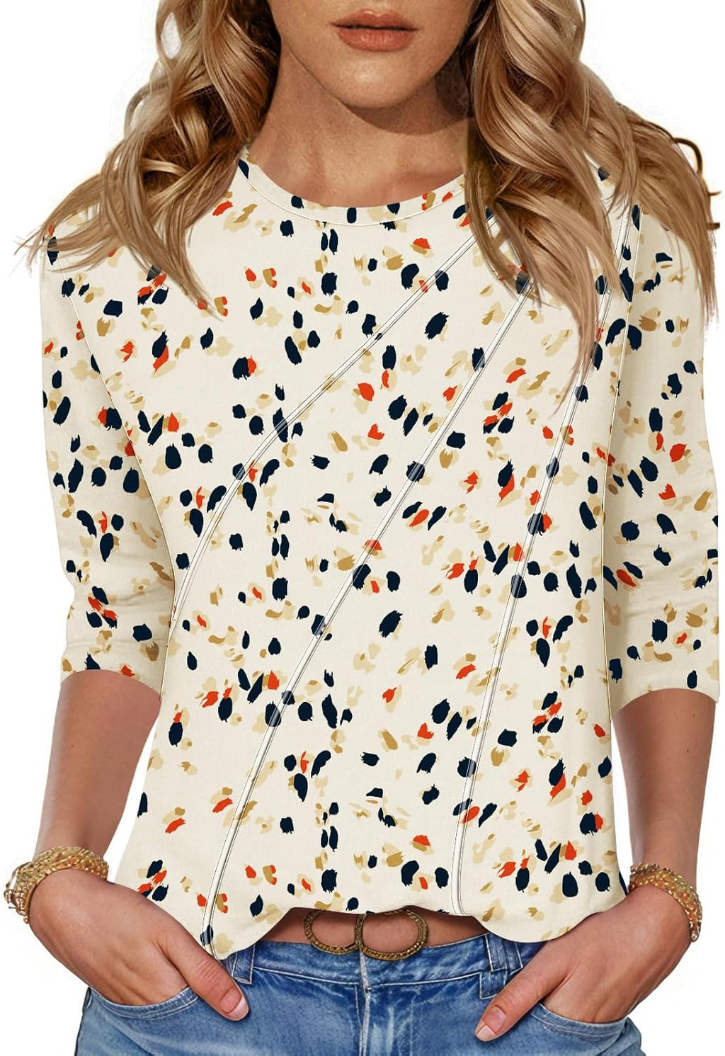 Martina Blusa Mujer – Cuello en V, Mangas 3/4, Túnica Floral Plisada Elegante