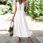 Marta Women's Dress – Long Linen Dress, V-Neck, Pockets, Casual Summer