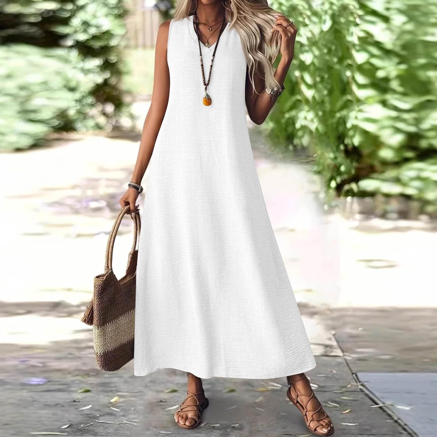 Marta Women's Dress – Long Linen Dress, V-Neck, Pockets, Casual Summer