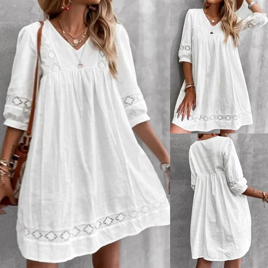 Clara Vestito Midi Estivo da Donna – Abito Elegante in Lino con Pieghe Casual Chic