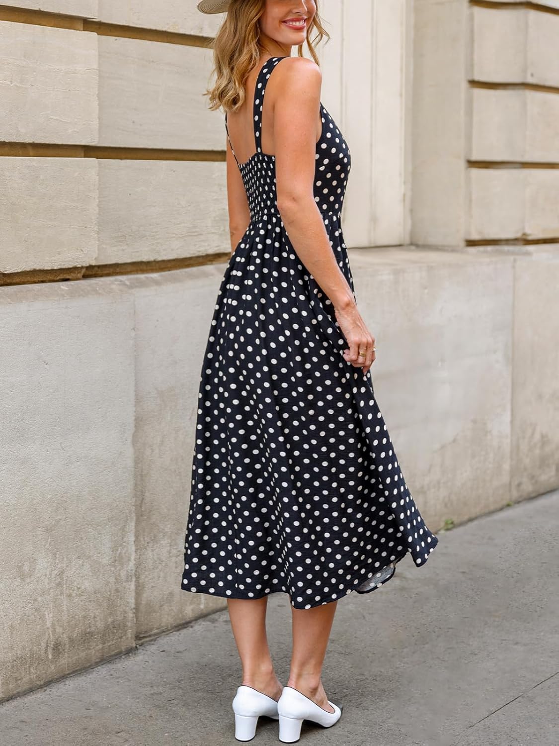 Sophia Vestito Maxi a Pois da Donna – Abito Elegante Senza Maniche con Vita Arricciata