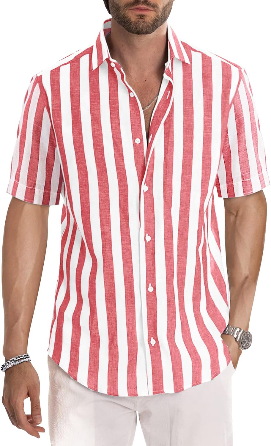 Luca Camisa de Rayas para Hombre – Camisa Casual de Verano de Manga Corta