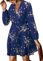 Sofia Vestito Donna Floreale – Scollo V Incrociato, Maniche Lunghe, A-Line Elegante