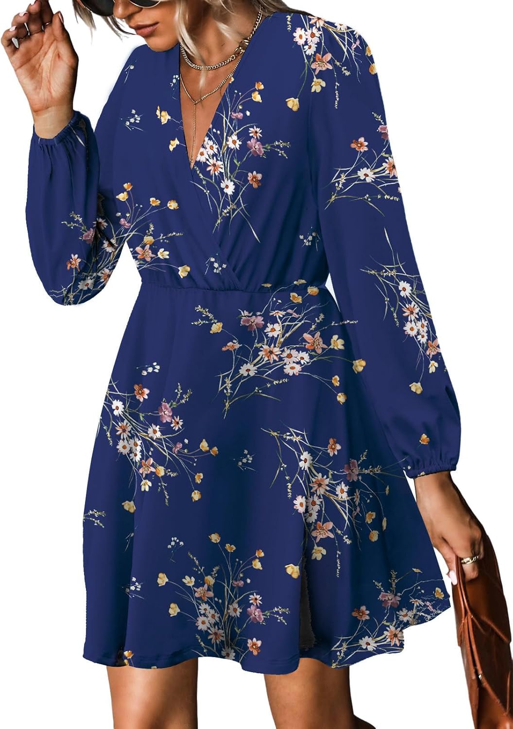 Sofia Vestito Donna Floreale – Scollo V Incrociato, Maniche Lunghe, A-Line Elegante