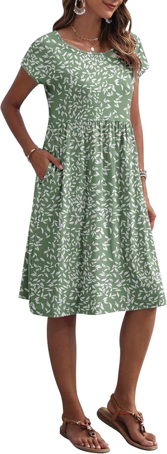 Mercedes Vestido Mujer Midi Casual – Mangas Cortas, Cuello Redondo, Bolsillos, Línea A de Verano