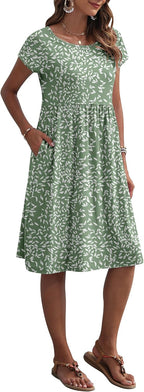 Mercedes Vestido Mujer Midi Casual – Mangas Cortas, Cuello Redondo, Bolsillos, Línea A de Verano