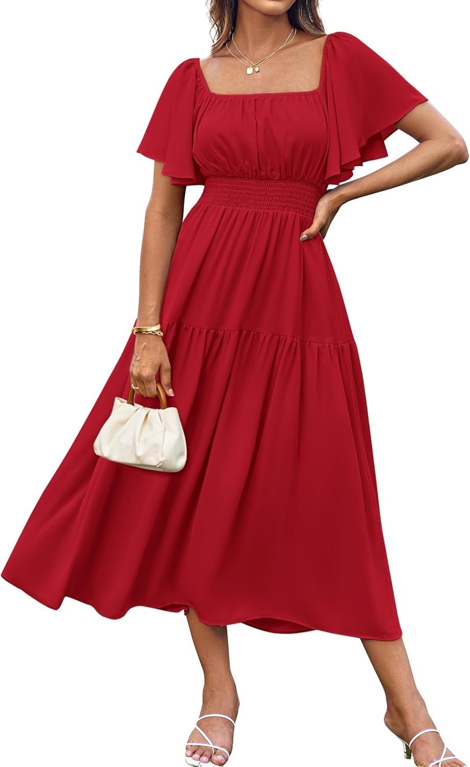 Sofia Robe Femme Maxi Chiffon – Col Carré/Épaules Dénudées, Coupe A-Line Élégante