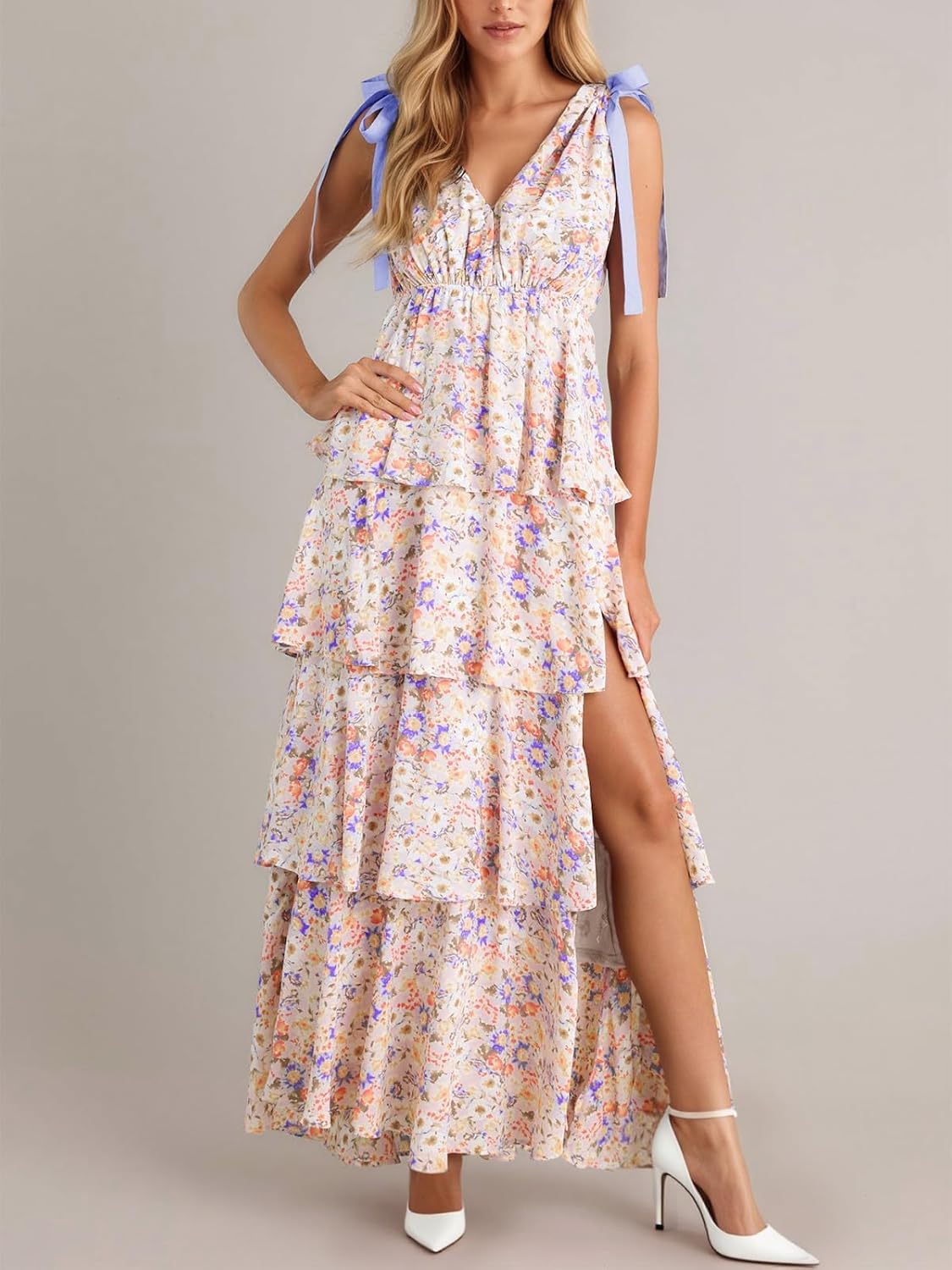 Robe Maxi Florale Femme Alessia – Bretelles Réglables, Col V, Fente Bohème