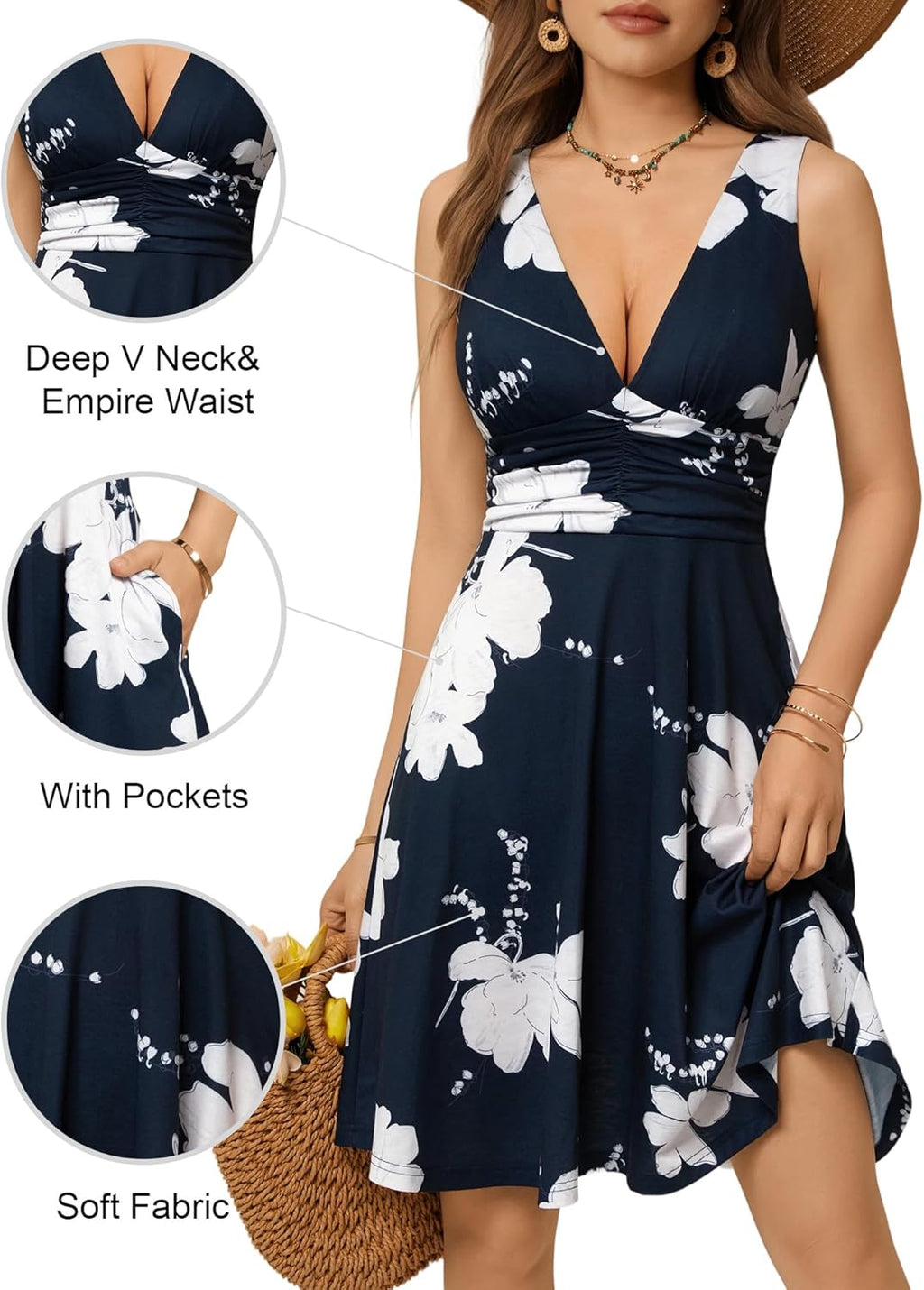 Marriane Robe Femme Florale – Encolure V Profonde, Sans Manches, Poches Estival