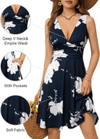 Marriane Robe Femme Florale – Encolure V Profonde, Sans Manches, Poches Estival