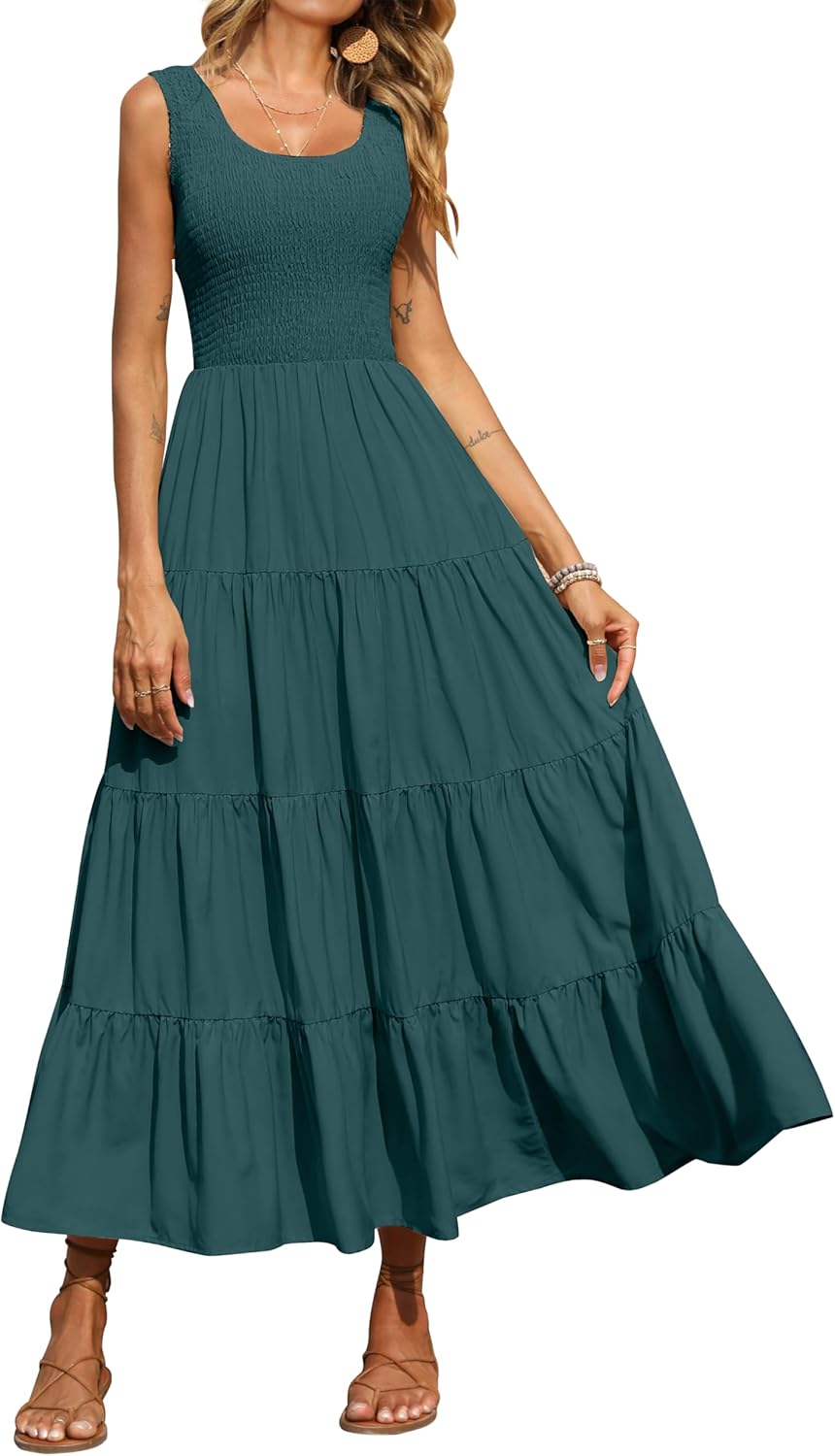 Sophie Vestido Maxi Boho para Mujer – Vestido Largo de Verano Elegante sin Mangas con Fruncido