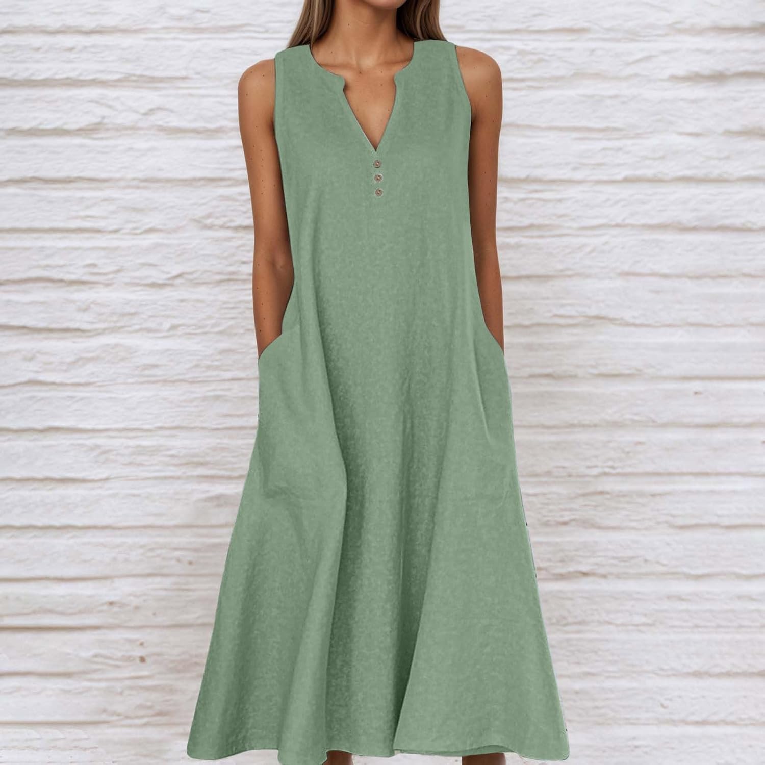 Giulia Vestito Maxi in Lino da Donna – Abito Estivo Senza Maniche con Tasche