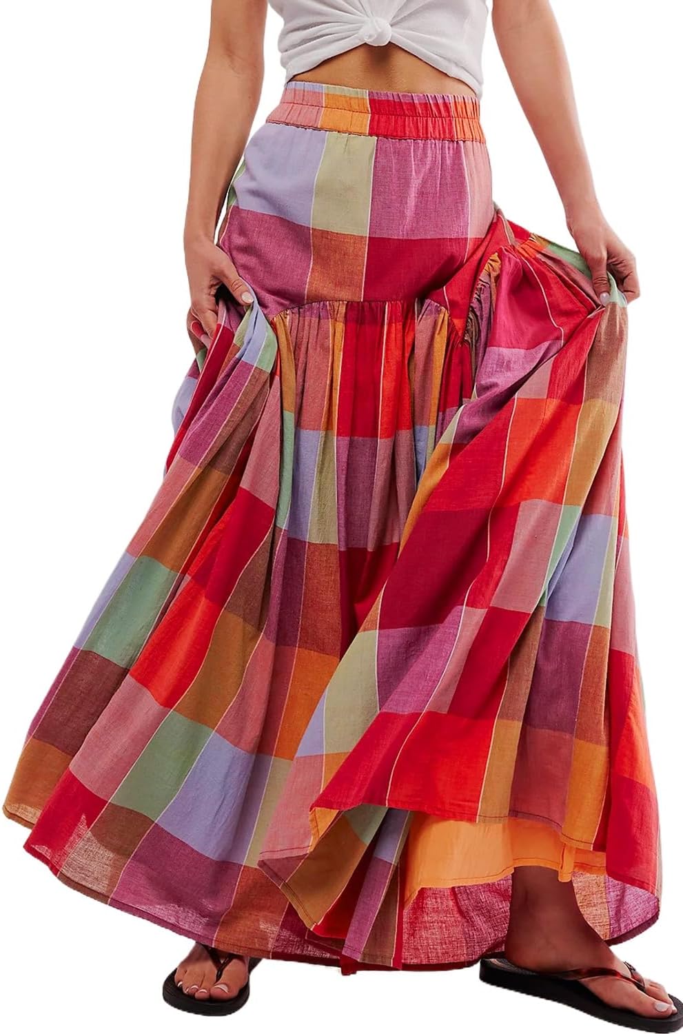 Clara Gonna Maxi Donna a Quadri Multicolor – Gonna Lunga Fluida a Vita Alta