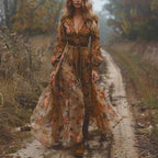 Luna Robe Femme – Robe Longue Bohème Florale, Col V, Manches Longues, Élégante