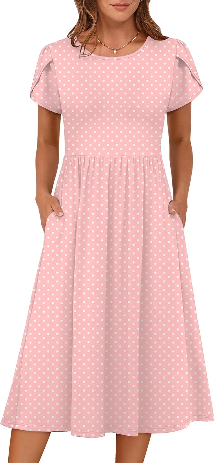 Elisa Robe Femme Midi Florale – Manches Courtes, Col Rond, Ligne A avec Poches