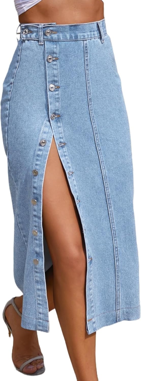 Caramia Falda Midi para Mujer en Denim – Falda Vaquera de Cintura Alta con Botones Frontales