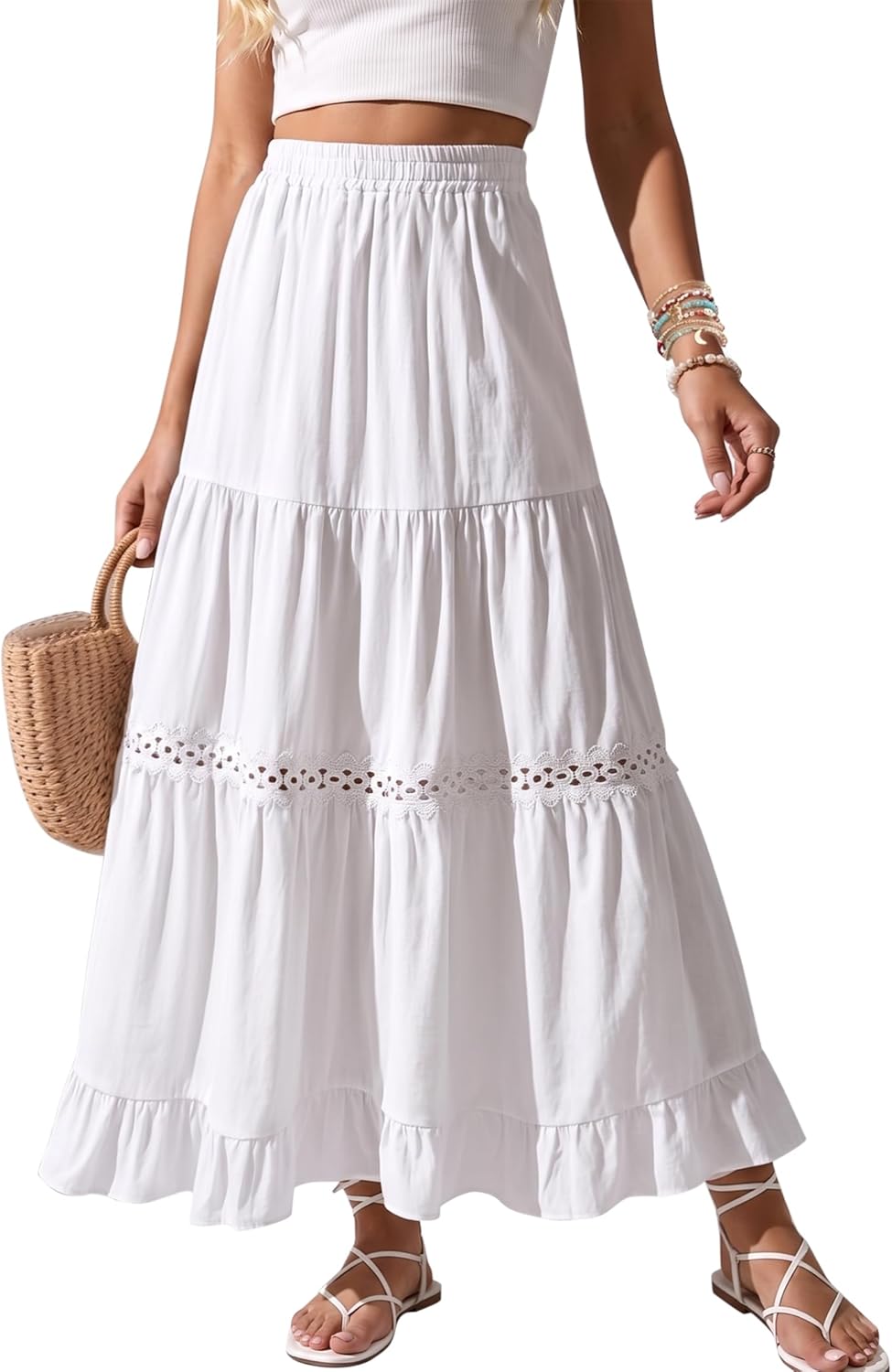 Jupe Edith Gonna Maxi Donna Boho – Jupe Longue en Coton avec Détails en Dentelle Crochet