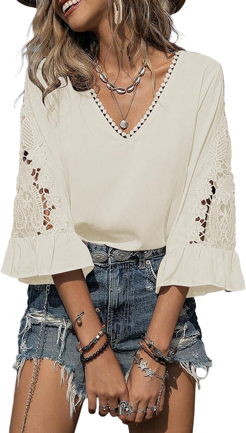 Chiara Blusa Donna – Scollo V, Maniche 3/4 Traforate, Top Casual Elegante