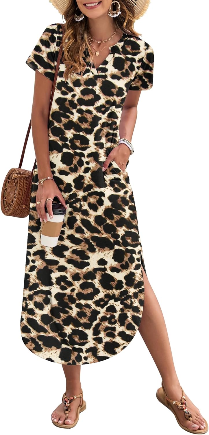 Francesca Robe Maxi Femme – Col V, Fente Latérale, Poches, Robe Décontractée
