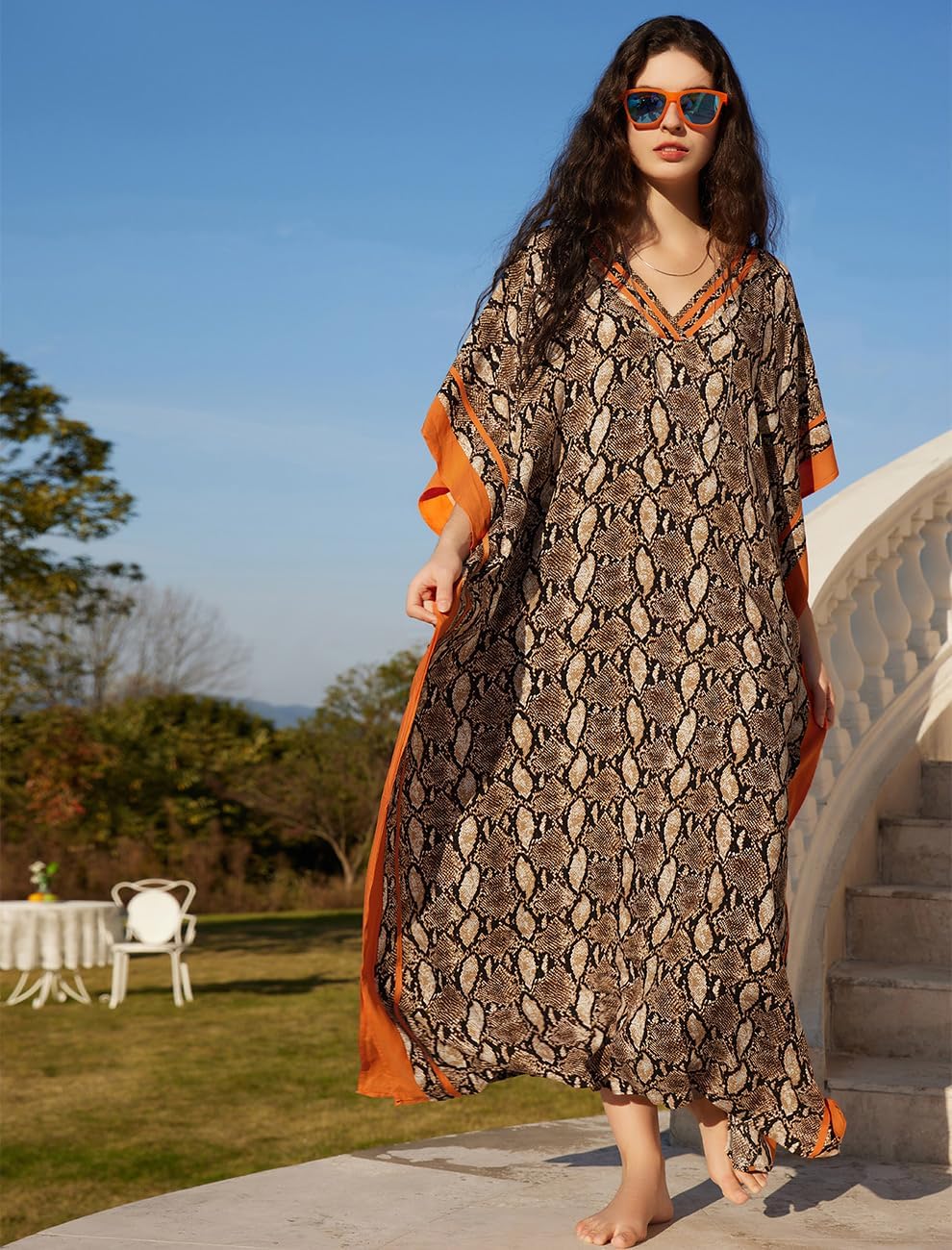 Amina Caftan Femme – Robe Longue Bohème, Imprimé Ethnique, Décolleté V Plongeant