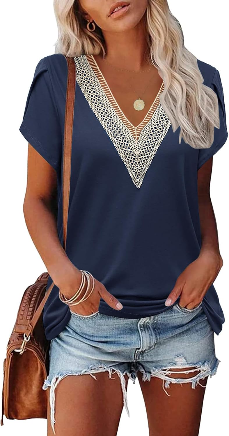 Chiara Women's Top – V-Neck with Lace, Petal Sleeves, Elegant Casual Blouse
