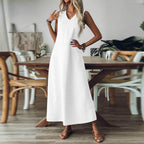 Marta Women's Dress – Long Linen Dress, V-Neck, Pockets, Casual Summer