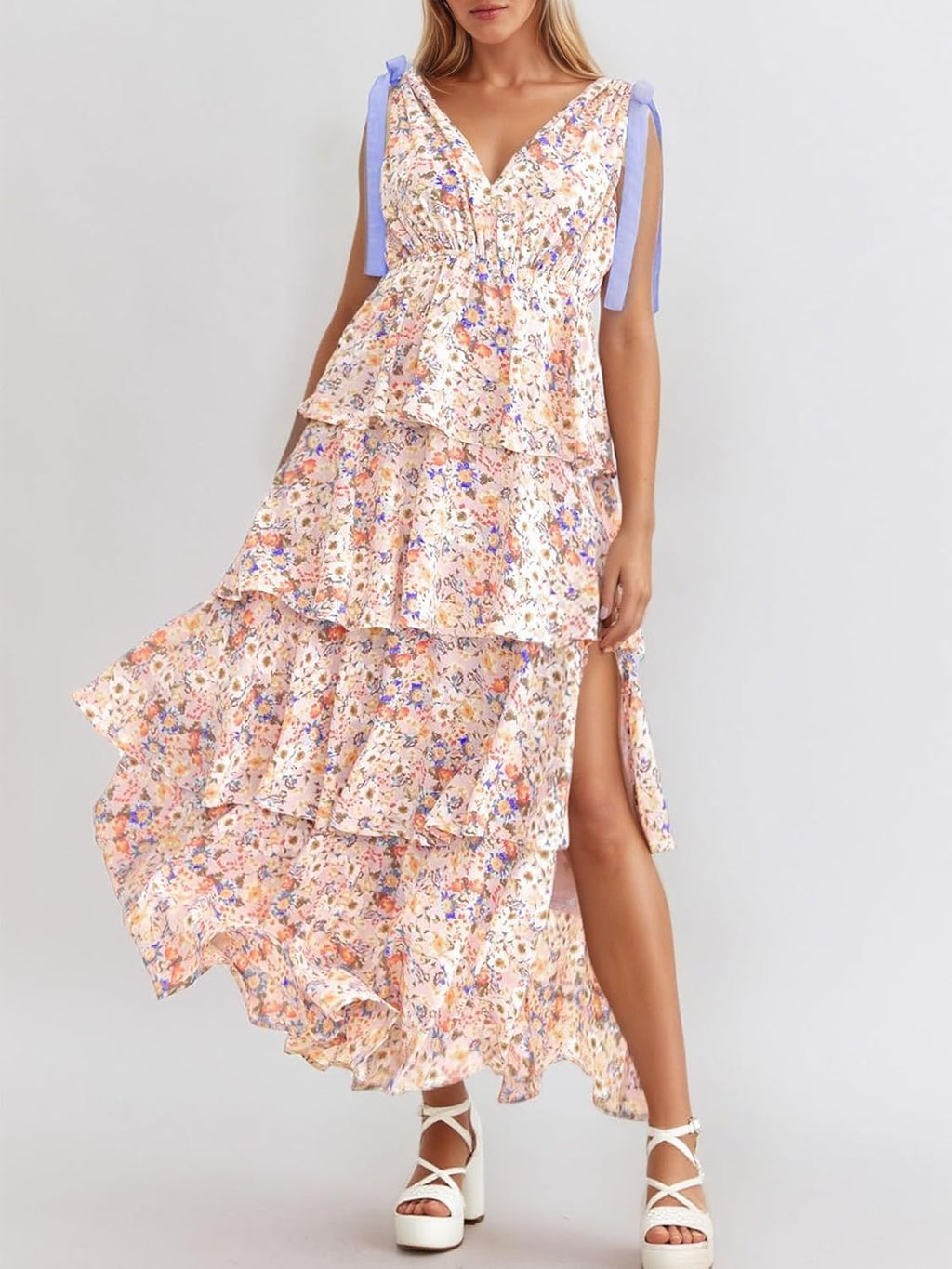Robe Maxi Florale Femme Alessia – Bretelles Réglables, Col V, Fente Bohème