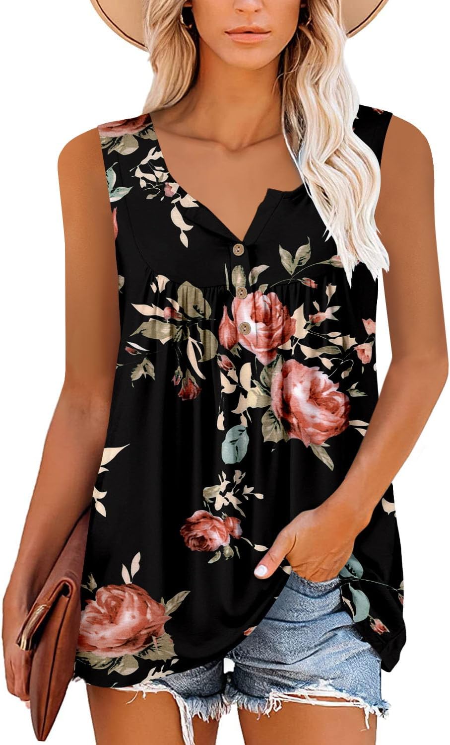 Giulia Women's Top – V-Neck Tank, Henley Buttons, Flowy Casual Style