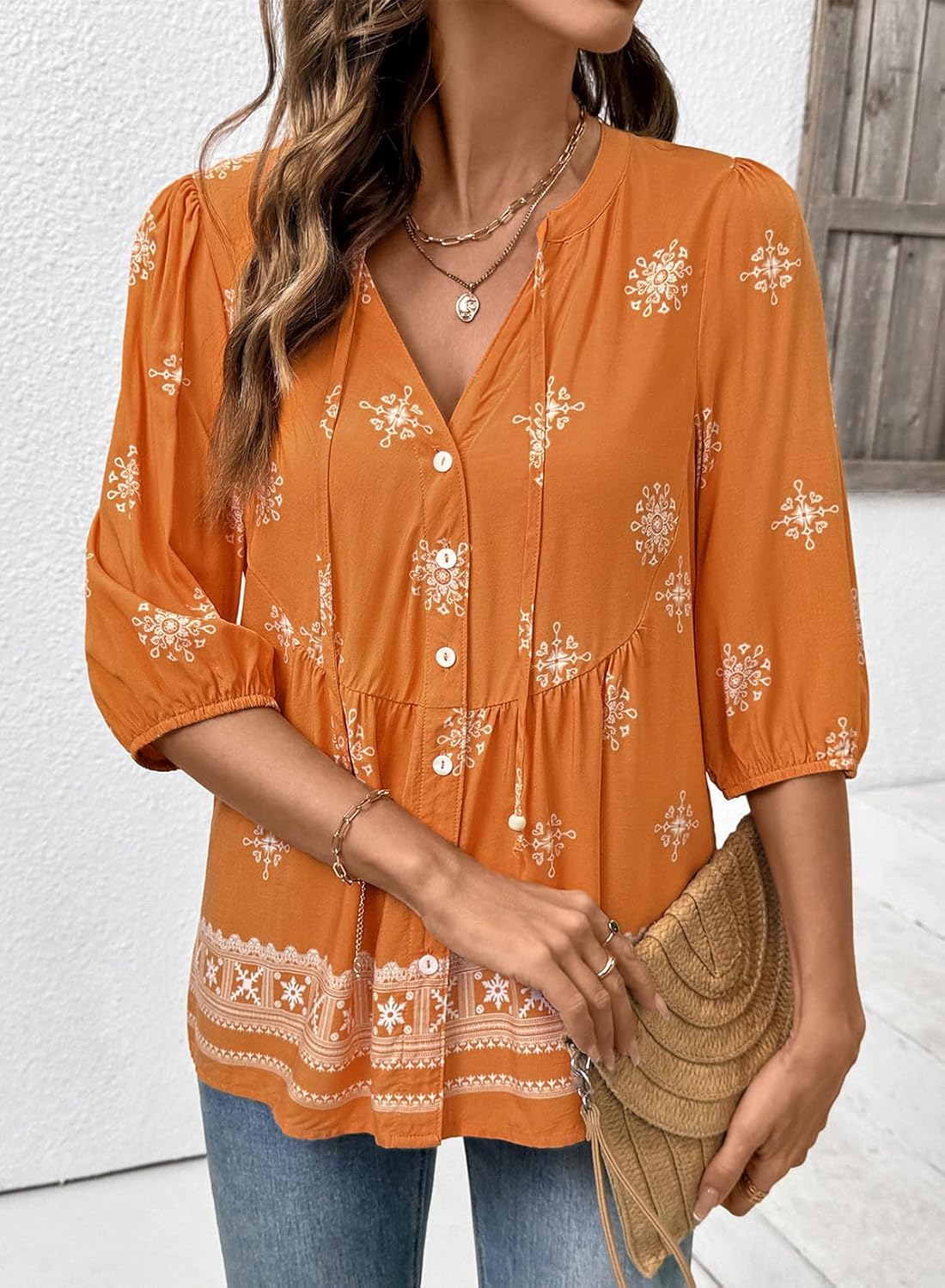 Serena Blusa Donna – Floreale Boho, Scollo V, Peplum Babydoll, Casual Chic