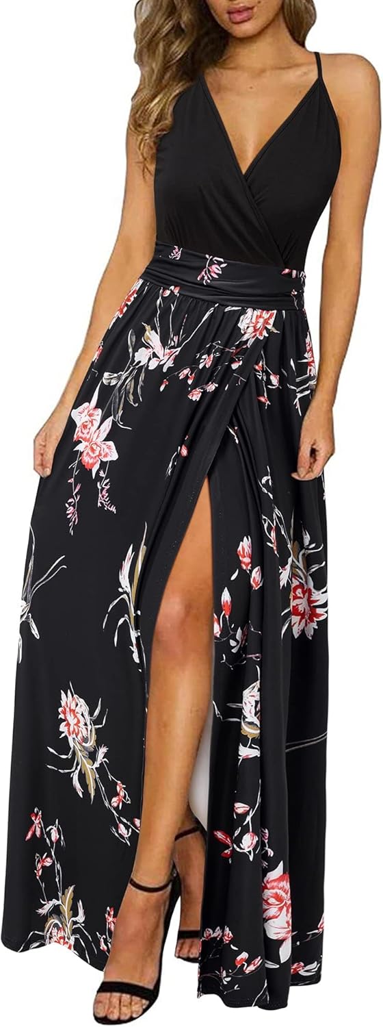 Emily Abito Maxi Donna – Vestito Estivo Floreale con Spalline, Scollo a V e Spacco