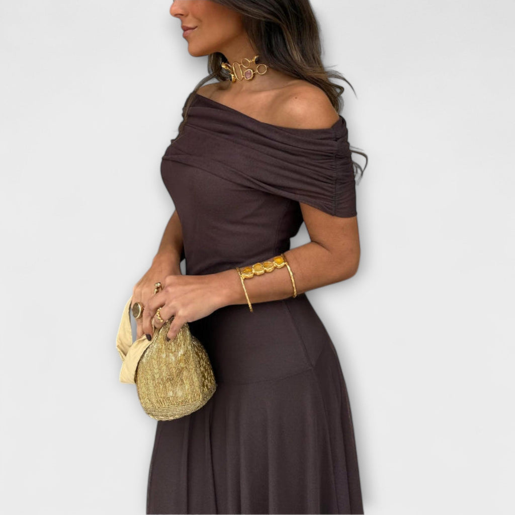 Roxy Robe Maxi Femme – Une Épaule, Corset Structuré & Fente Élégante avec Volants