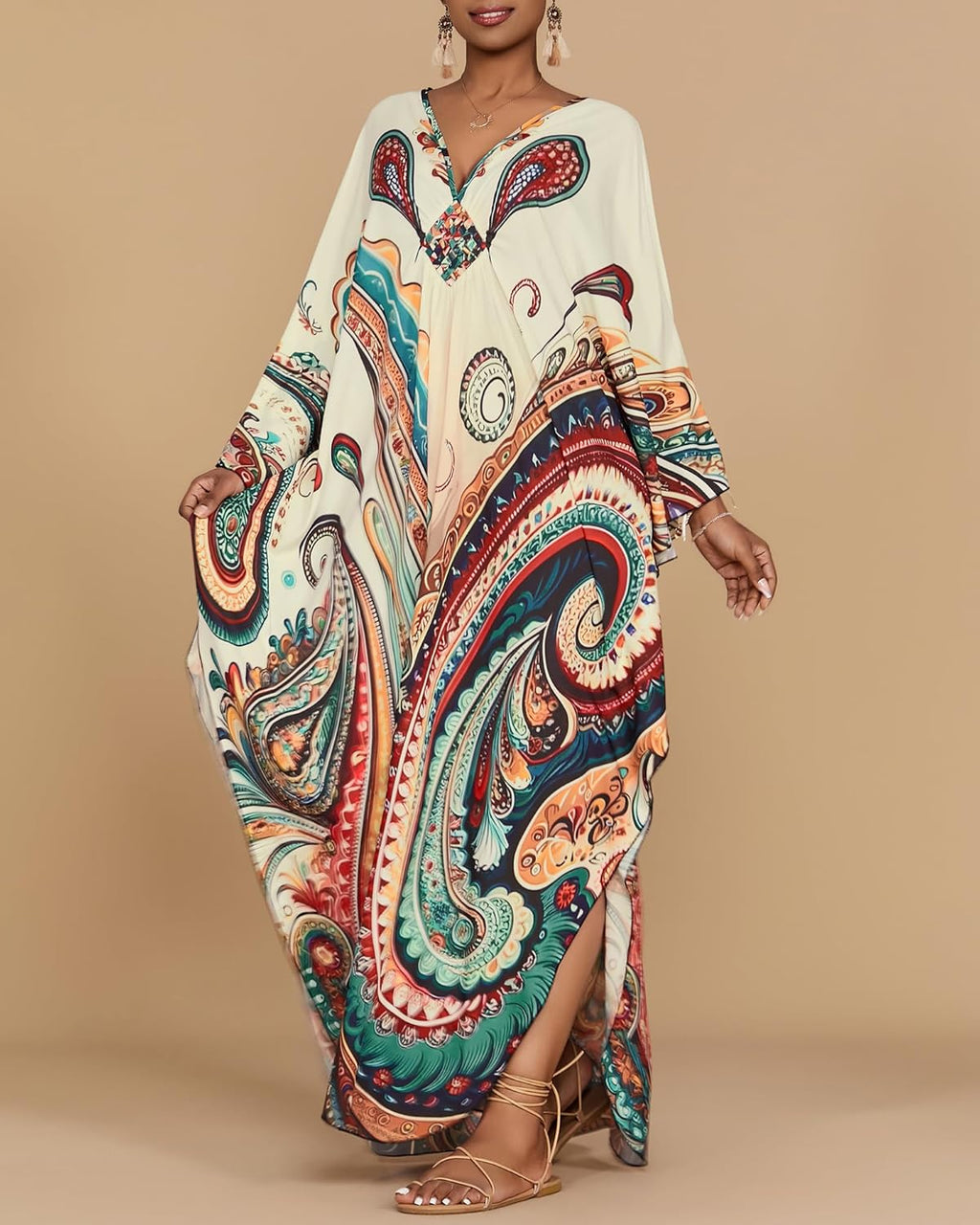 Amina Kaftano Donna Maxi – Stampa Etnica, Maniche Pipistrello, Tasche Mare