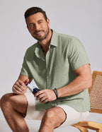 Lorenzo Camicia Estiva da Uomo – Camicia Casual a Maniche Corte Effetto Lino