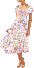 Margaritta Robe Femme Maxi Florale – Col Carré, Manches Bouffantes, Smock Ligne A