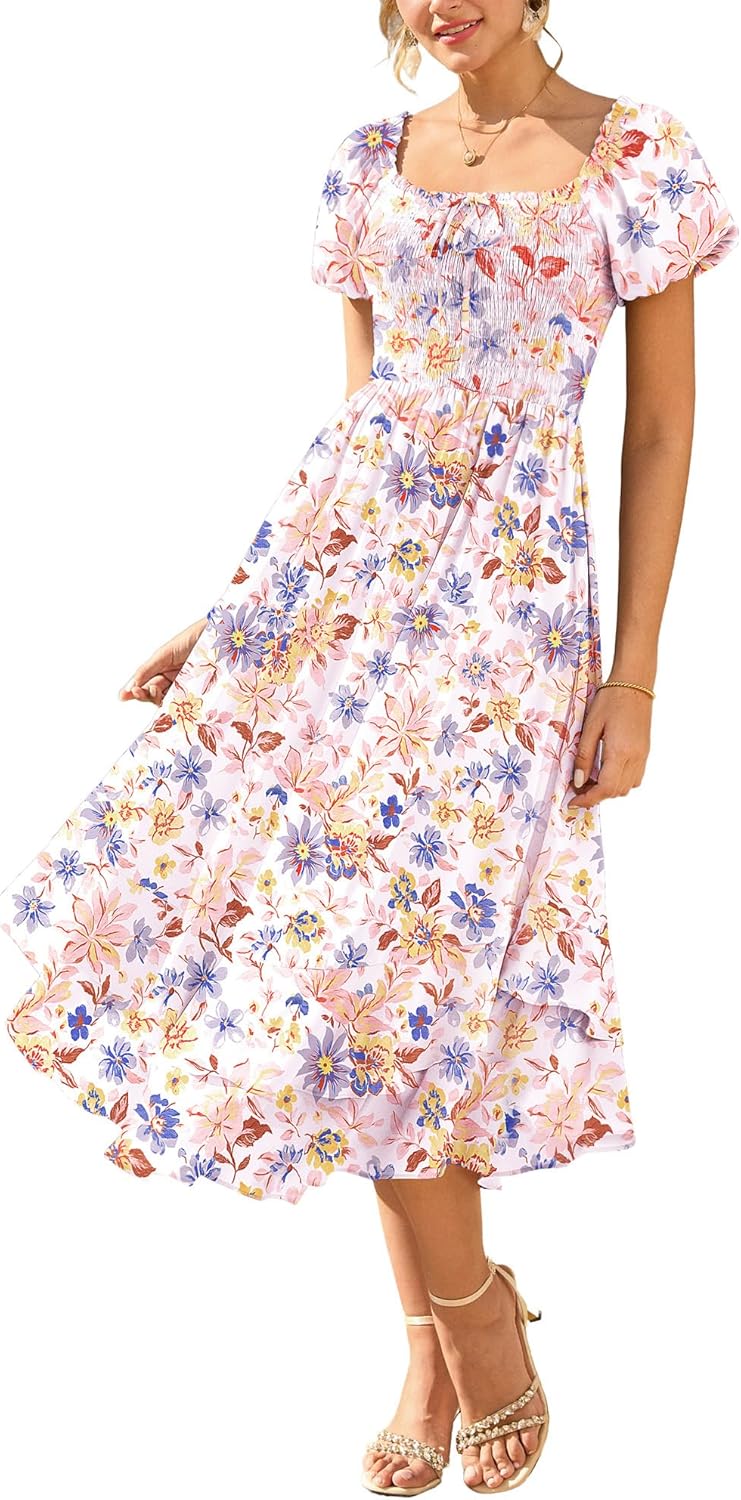 Margaritta Robe Femme Maxi Florale – Col Carré, Manches Bouffantes, Smock Ligne A