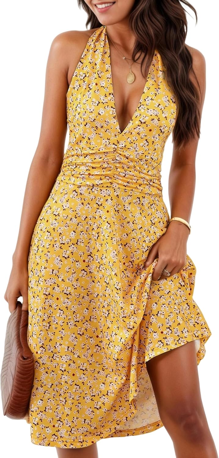 Ludy Robe Femme Halter Florale – Col V, Dos Nu, Poches Estivale