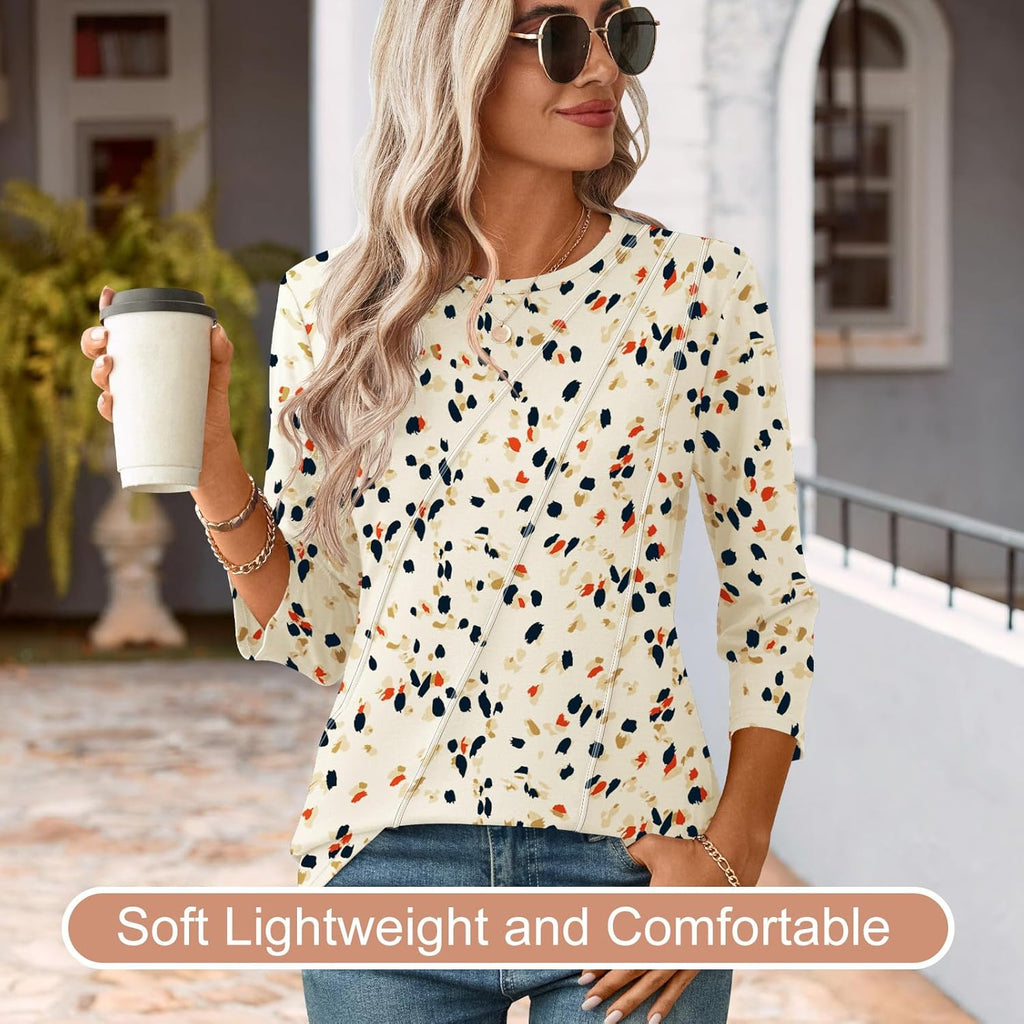 Martina Blusa Mujer – Cuello en V, Mangas 3/4, Túnica Floral Plisada Elegante