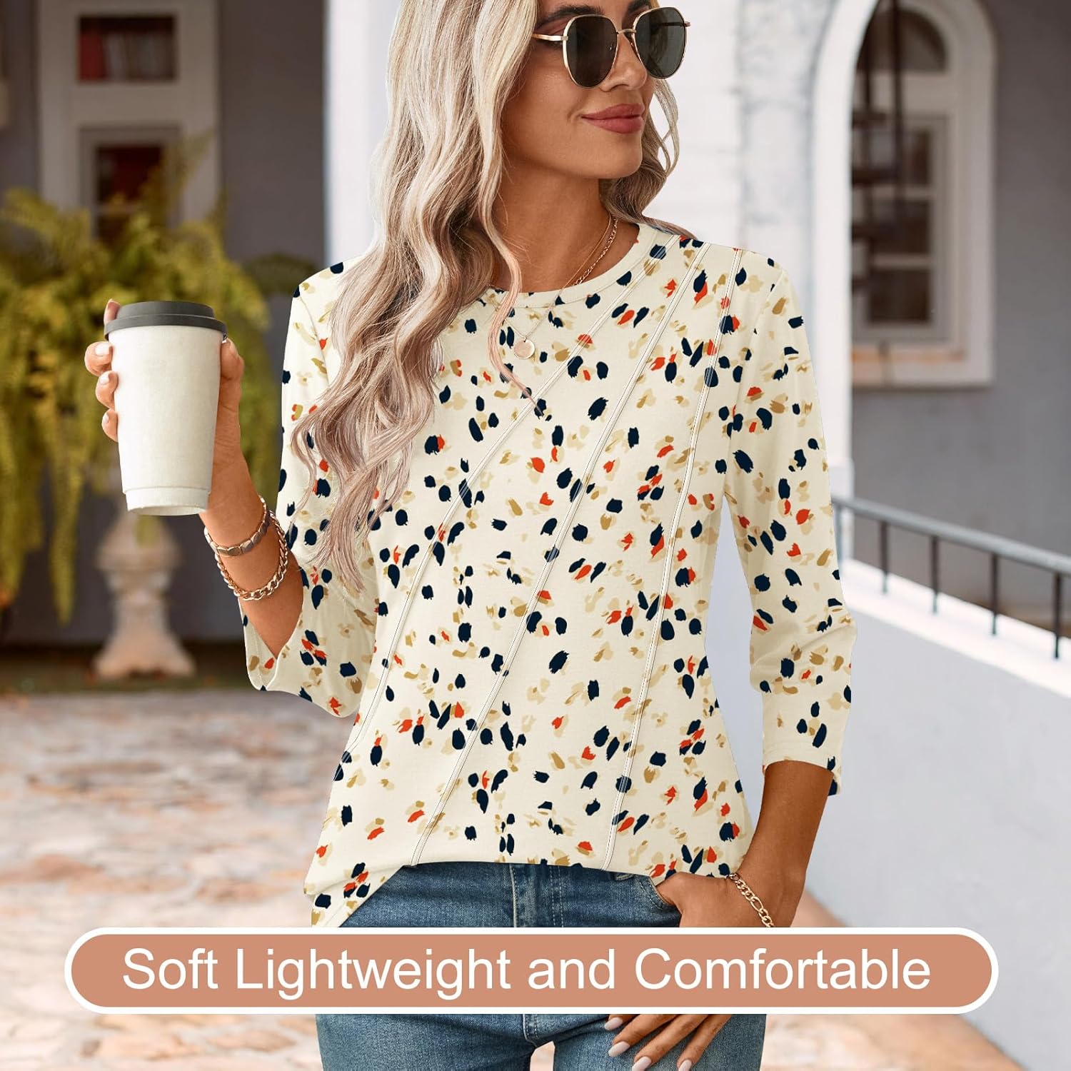 Martina Blusa Mujer – Cuello en V, Mangas 3/4, Túnica Floral Plisada Elegante