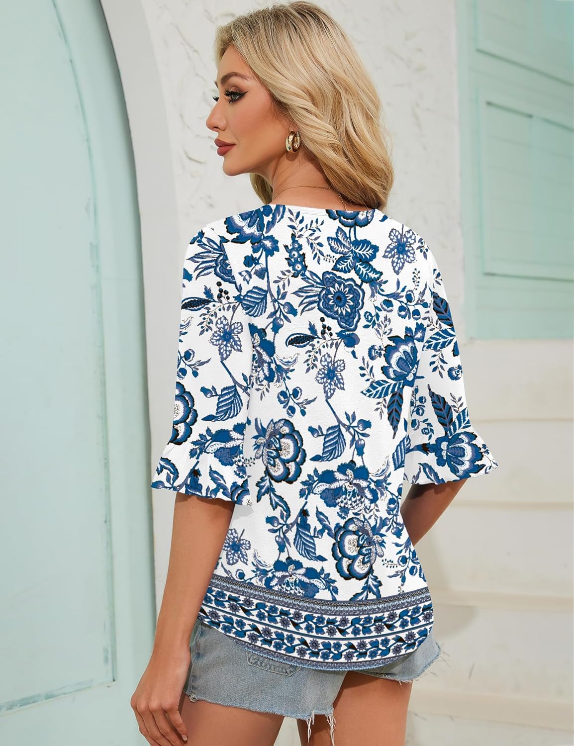 Francesca Tunica Donna – Girocollo, Maniche 3/4 Volant, Blusa Plissettata Casual