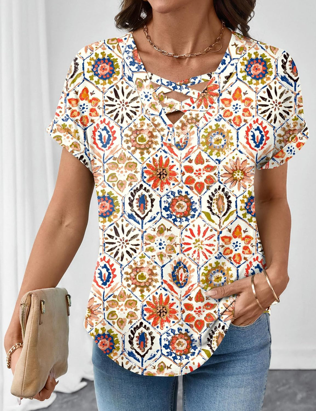 Francesca Pull Femme – Col V Croisé, Manches Courtes, Élégant Décontracté